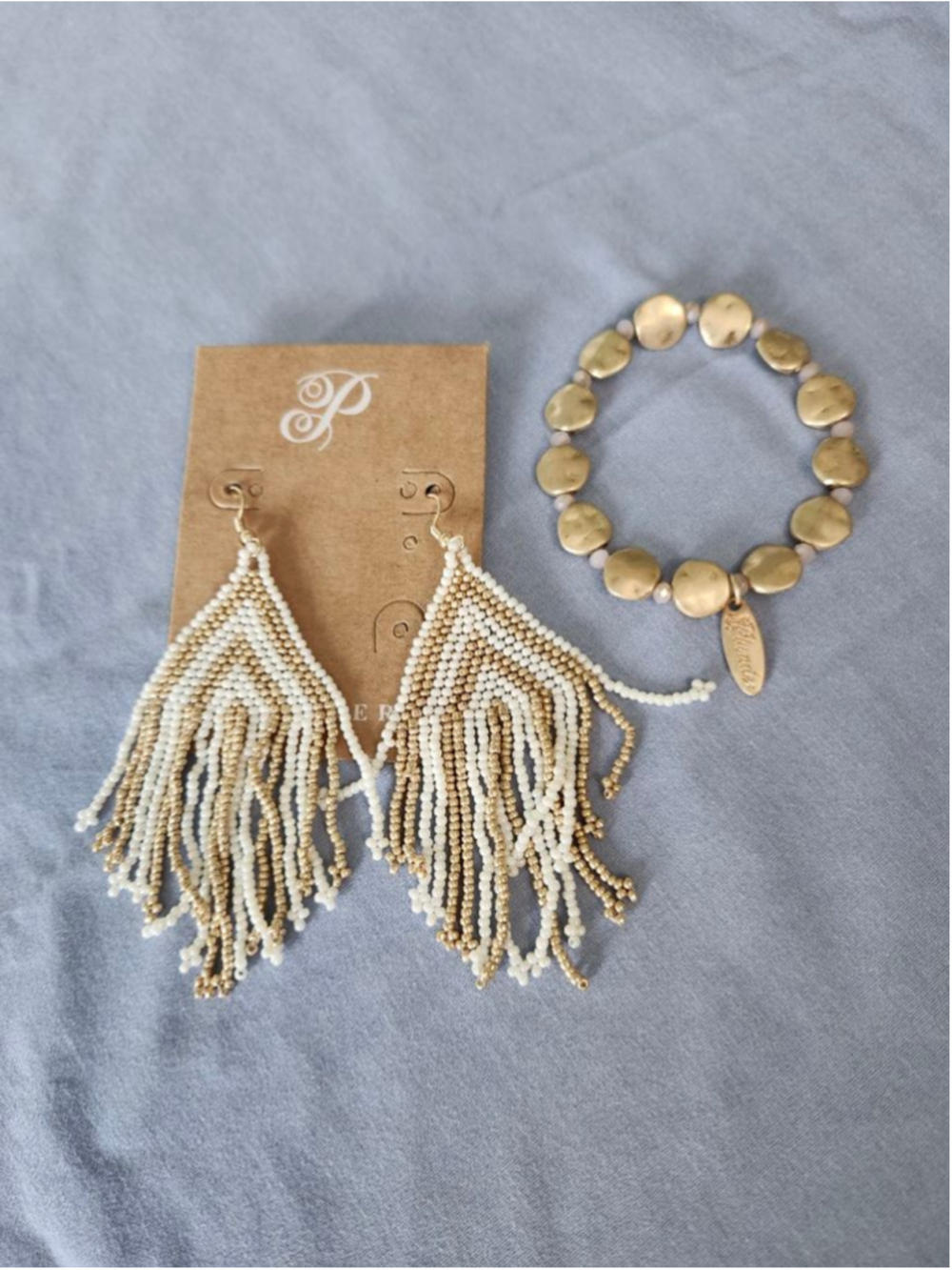 Women's Plunder Design Gold White Beaded Fringe Earrings & Bracelet Set
